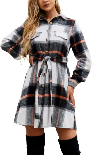 Kwoki Women's Wool Blend Plaid Pea Coat Classic Button Down Long Sleeve Shirt Dress with Belt