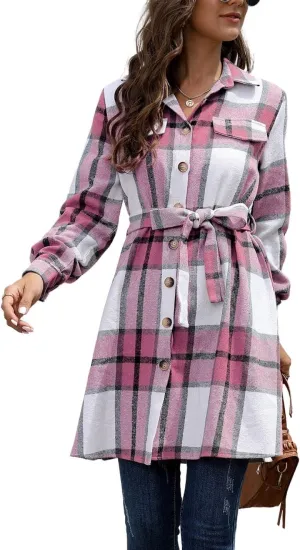 Kwoki Women's Wool Blend Plaid Pea Coat Classic Button Down Long Sleeve Shirt Dress with Belt