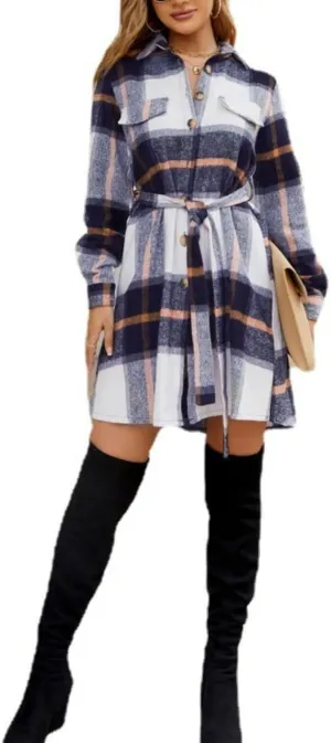 Kwoki Women's Wool Blend Plaid Pea Coat Classic Button Down Long Sleeve Shirt Dress with Belt