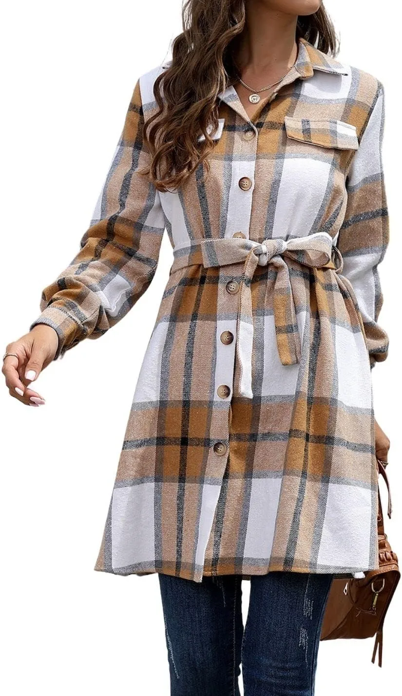 Kwoki Women's Wool Blend Plaid Pea Coat Classic Button Down Long Sleeve Shirt Dress with Belt