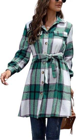 Kwoki Women's Wool Blend Plaid Pea Coat Classic Button Down Long Sleeve Shirt Dress with Belt
