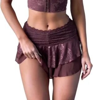 Lace Skirts for Women Mini Ruffle Ruched Shorts Flowy Skirt Layered Tiered Pleated Skort Micro Bloomer Skirts