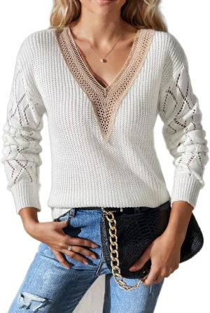 Lace V Neck Sweaters for Women Long Sleeve Cable Knit Pullover Sweater Lightweight Crochet Boho Fall Dressy Sweaters