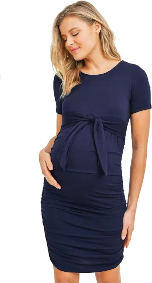 LaClef Maternity Short Sleeve Bodycon Dress with Tie Front, Side Ruched