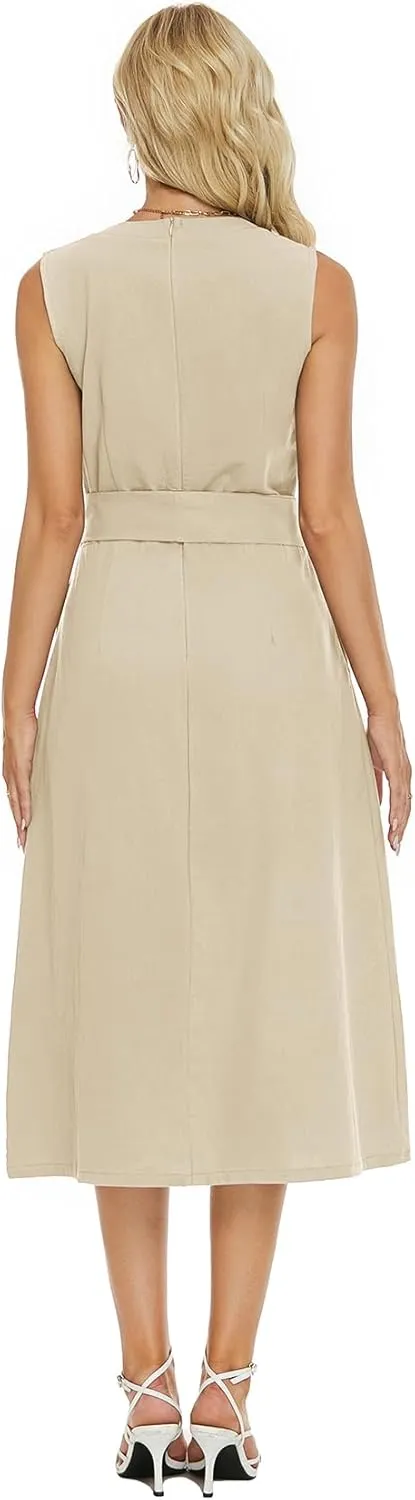 Ladyful Women's V Neck Solid Color Sleeveless Cotton Linen Dress