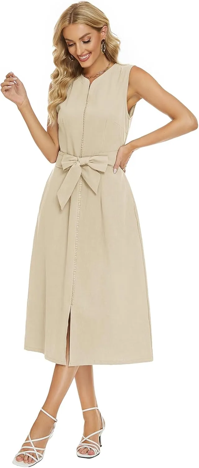 Ladyful Women's V Neck Solid Color Sleeveless Cotton Linen Dress
