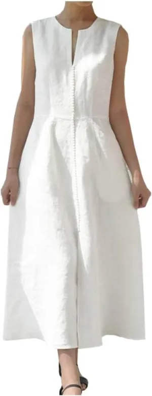 Ladyful Women's V Neck Solid Color Sleeveless Cotton Linen Dress
