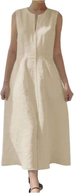 Ladyful Women's V Neck Solid Color Sleeveless Cotton Linen Dress