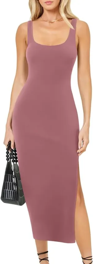 LAGSHIAN Women's Summer Bodycon Tank Dress Sexy Sleeveless Side Slit Midi Dresses