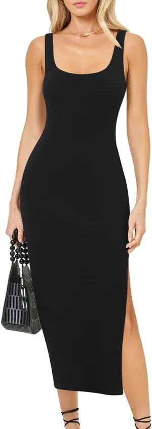 LAGSHIAN Women's Summer Bodycon Tank Dress Sexy Sleeveless Side Slit Midi Dresses