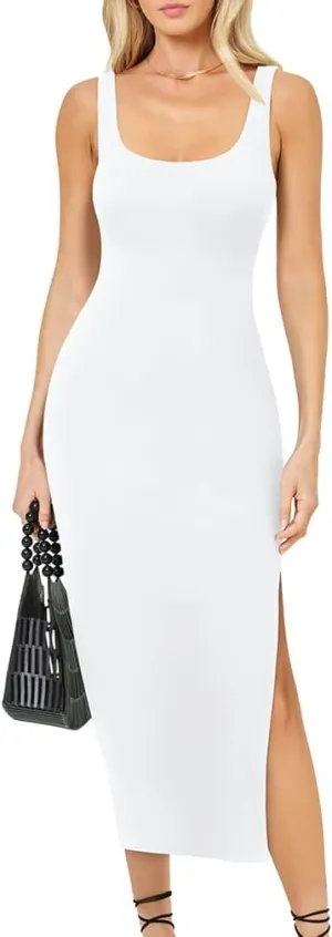 LAGSHIAN Women's Summer Bodycon Tank Dress Sexy Sleeveless Side Slit Midi Dresses