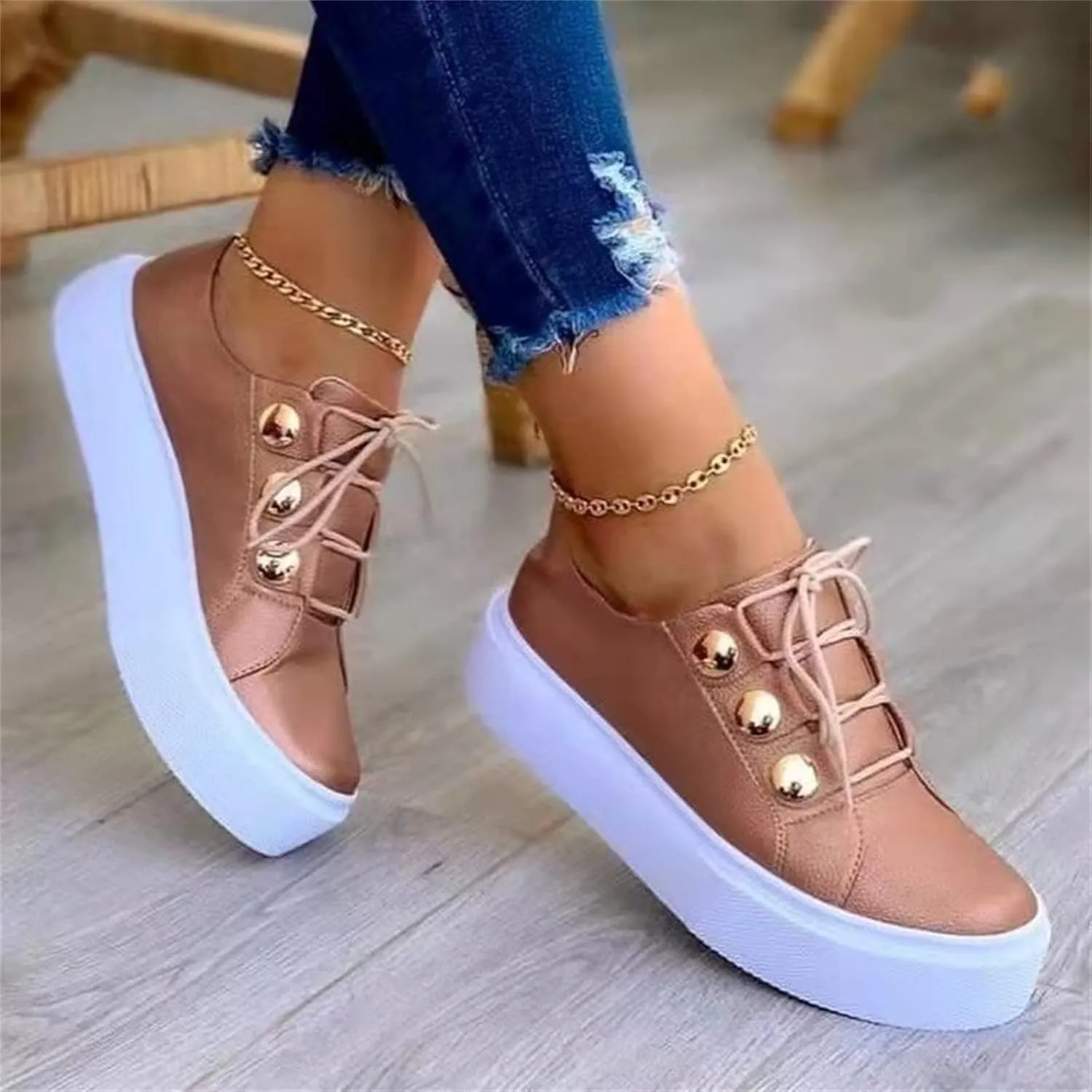 Lausiuoe Shoes For Women Dressy Casual Platform Leather Sneakers Slip On Loafers Fashion Comfortable Flat Walking Shoes