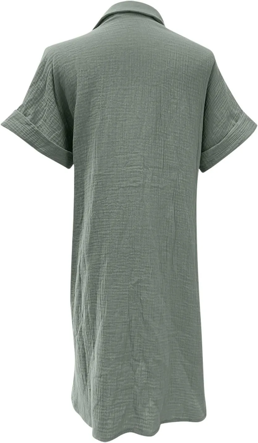 LEMONONSTORE Womens Button-Down Cotton Tunic Shirt Dress with Pockets Summer Roll-Up Sleeves Shift Casual Beach Dresses