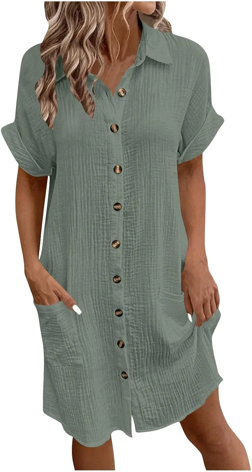 LEMONONSTORE Womens Button-Down Cotton Tunic Shirt Dress with Pockets Summer Roll-Up Sleeves Shift Casual Beach Dresses