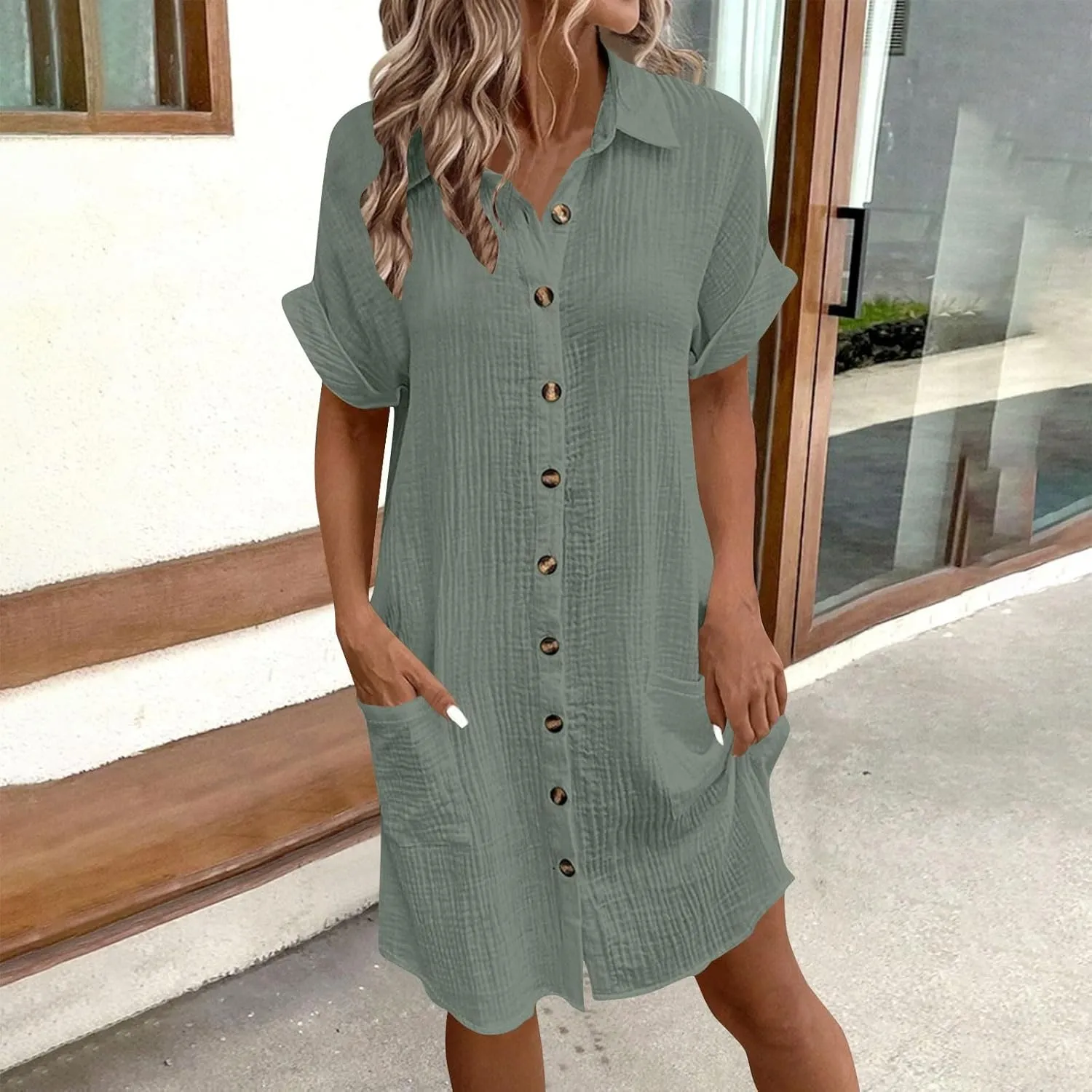 LEMONONSTORE Womens Button-Down Cotton Tunic Shirt Dress with Pockets Summer Roll-Up Sleeves Shift Casual Beach Dresses