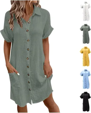LEMONONSTORE Womens Button-Down Cotton Tunic Shirt Dress with Pockets Summer Roll-Up Sleeves Shift Casual Beach Dresses