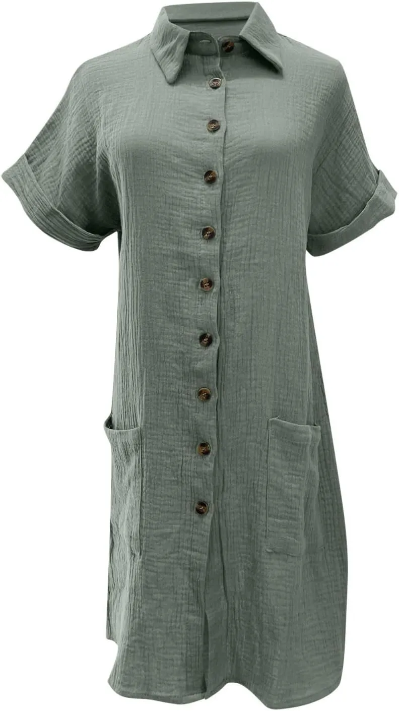 LEMONONSTORE Womens Button-Down Cotton Tunic Shirt Dress with Pockets Summer Roll-Up Sleeves Shift Casual Beach Dresses