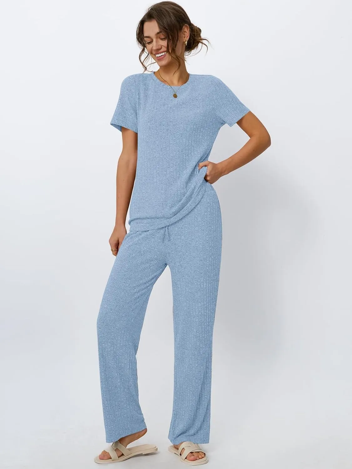 LILLUSORY 2 Piece Lounge Sets for Women Matching Summer Outfits Casual Ribbed Knit Pajamas Wide Leg Pants Trendy Clothes 2025