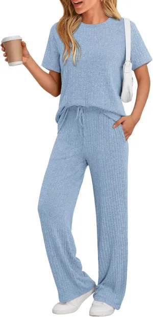LILLUSORY 2 Piece Lounge Sets for Women Matching Summer Outfits Casual Ribbed Knit Pajamas Wide Leg Pants Trendy Clothes 2025