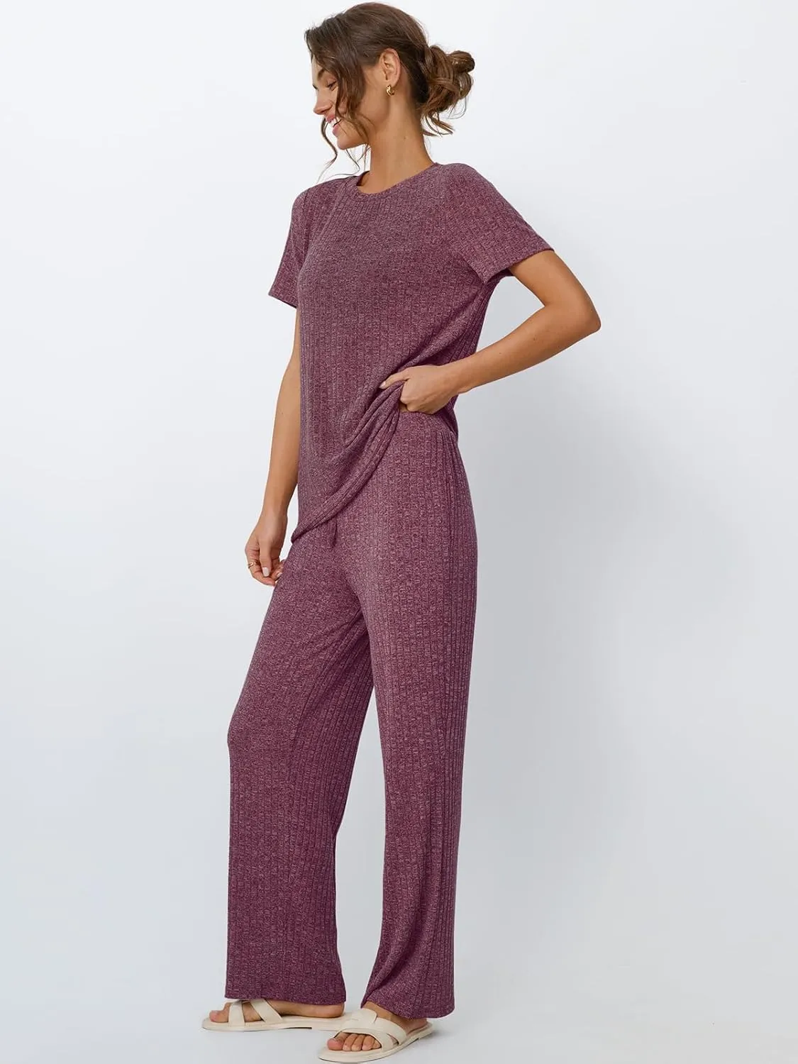LILLUSORY 2 Piece Lounge Sets for Women Matching Summer Outfits Casual Ribbed Knit Pajamas Wide Leg Pants Trendy Clothes 2025