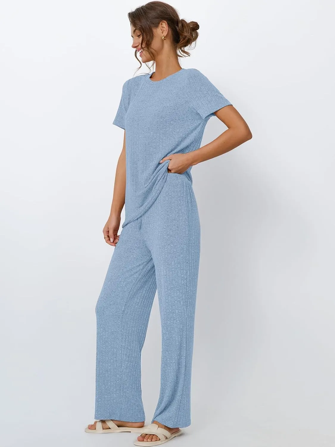 LILLUSORY 2 Piece Lounge Sets for Women Matching Summer Outfits Casual Ribbed Knit Pajamas Wide Leg Pants Trendy Clothes 2025
