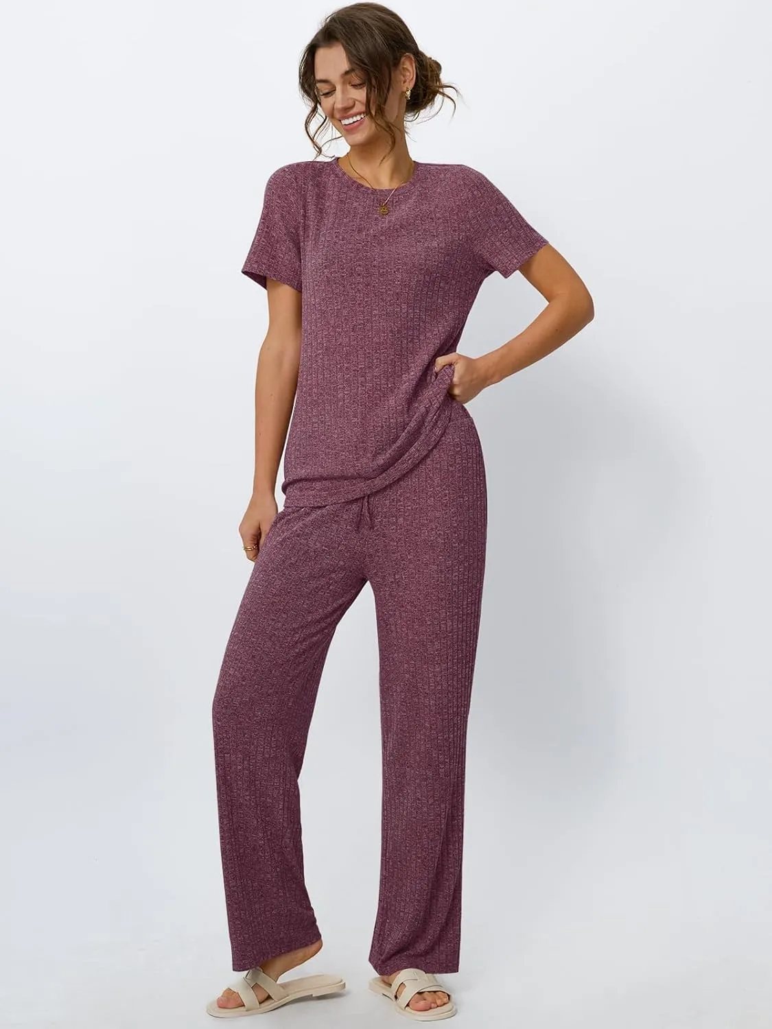 LILLUSORY 2 Piece Lounge Sets for Women Matching Summer Outfits Casual Ribbed Knit Pajamas Wide Leg Pants Trendy Clothes 2025