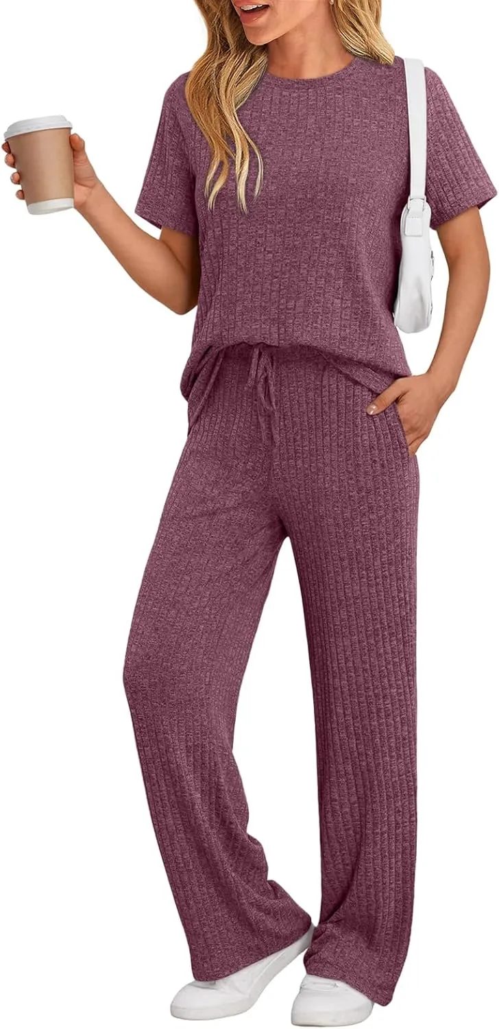 LILLUSORY 2 Piece Lounge Sets for Women Matching Summer Outfits Casual Ribbed Knit Pajamas Wide Leg Pants Trendy Clothes 2025