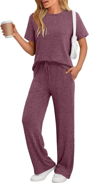 LILLUSORY 2 Piece Lounge Sets for Women Matching Summer Outfits Casual Ribbed Knit Pajamas Wide Leg Pants Trendy Clothes 2025