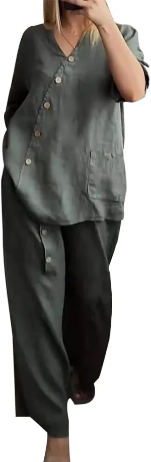 Linen Outfits for Women 2 Piece Set Cotton Linen Pants Suits V Neck Button Long Sleeve Tops Wide Leg Pants