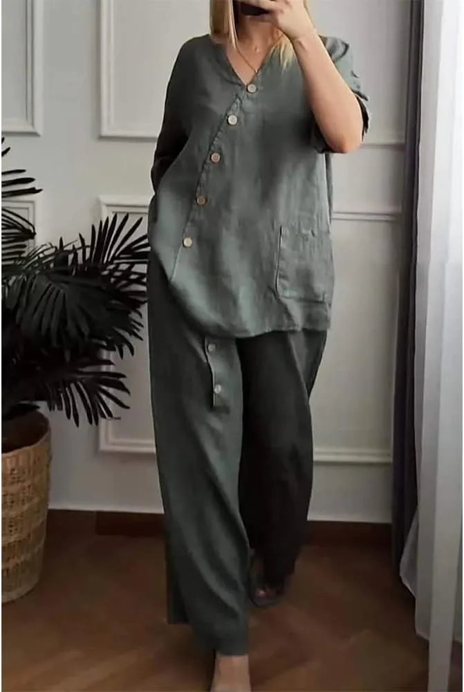 Linen Outfits for Women 2 Piece Set Cotton Linen Pants Suits V Neck Button Long Sleeve Tops Wide Leg Pants