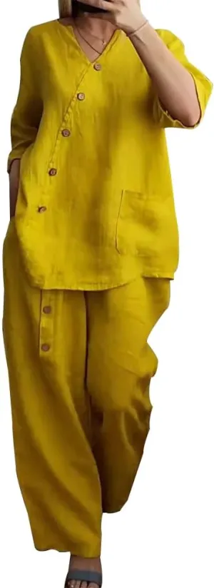 Linen Outfits for Women 2 Piece Set Cotton Linen Pants Suits V Neck Button Long Sleeve Tops Wide Leg Pants