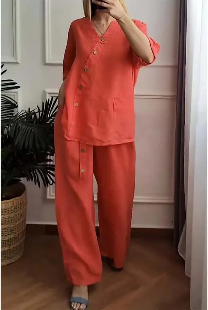Linen Outfits for Women 2 Piece Set Cotton Linen Pants Suits V Neck Button Long Sleeve Tops Wide Leg Pants