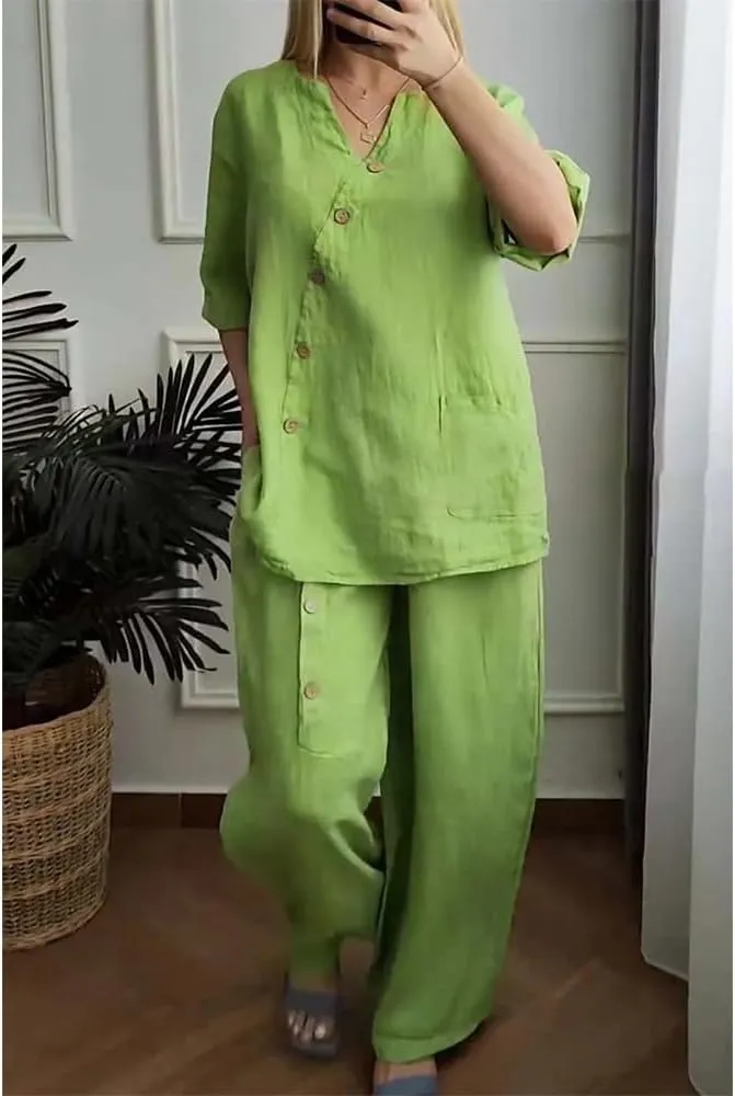 Linen Outfits for Women 2 Piece Set Cotton Linen Pants Suits V Neck Button Long Sleeve Tops Wide Leg Pants
