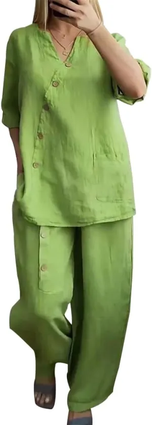 Linen Outfits for Women 2 Piece Set Cotton Linen Pants Suits V Neck Button Long Sleeve Tops Wide Leg Pants