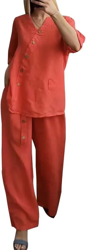 Linen Outfits for Women 2 Piece Set Cotton Linen Pants Suits V Neck Button Long Sleeve Tops Wide Leg Pants