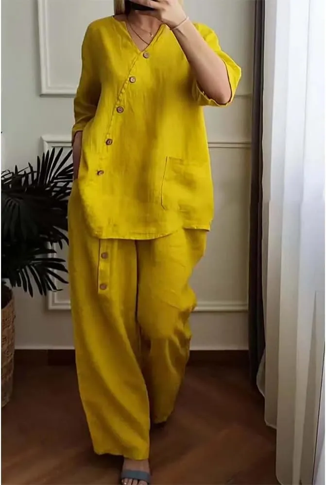 Linen Outfits for Women 2 Piece Set Cotton Linen Pants Suits V Neck Button Long Sleeve Tops Wide Leg Pants