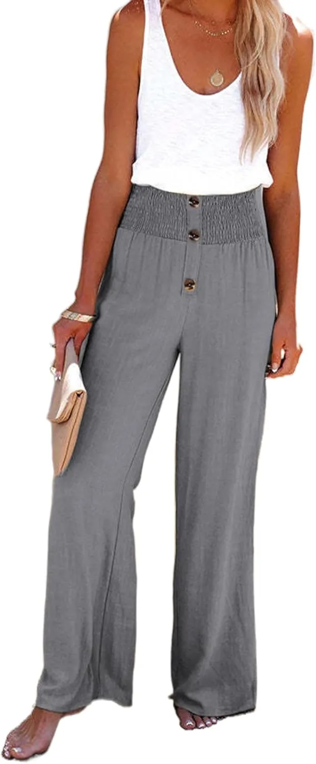 Linen Palazzo Pant for Women Casual Loose High Waist Wide Leg Lounge Pants Trousers with Pockets 2024 Summer
