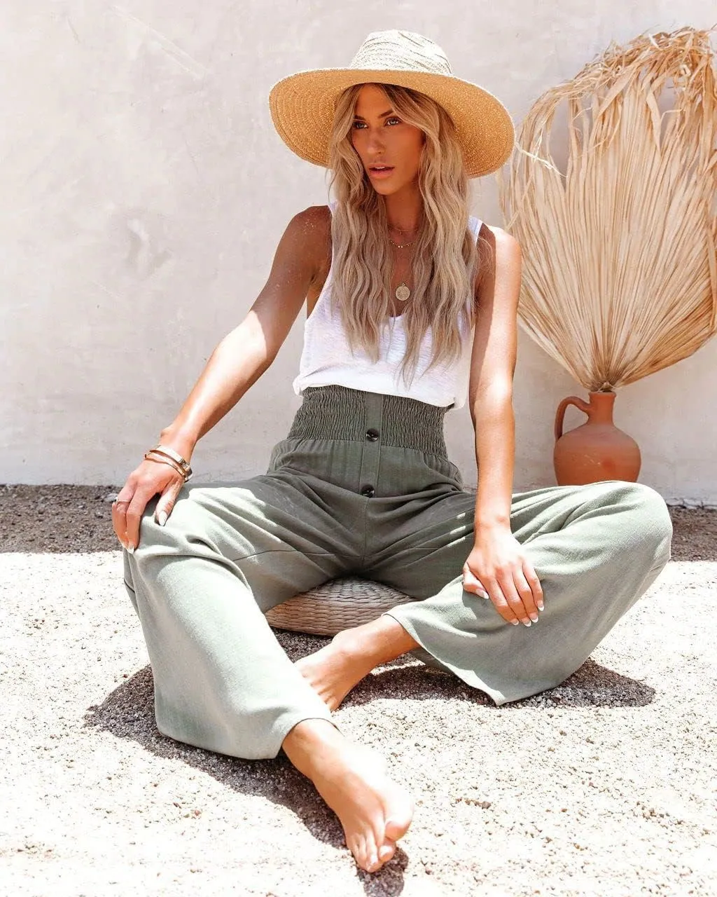 Linen Palazzo Pant for Women Casual Loose High Waist Wide Leg Lounge Pants Trousers with Pockets 2024 Summer