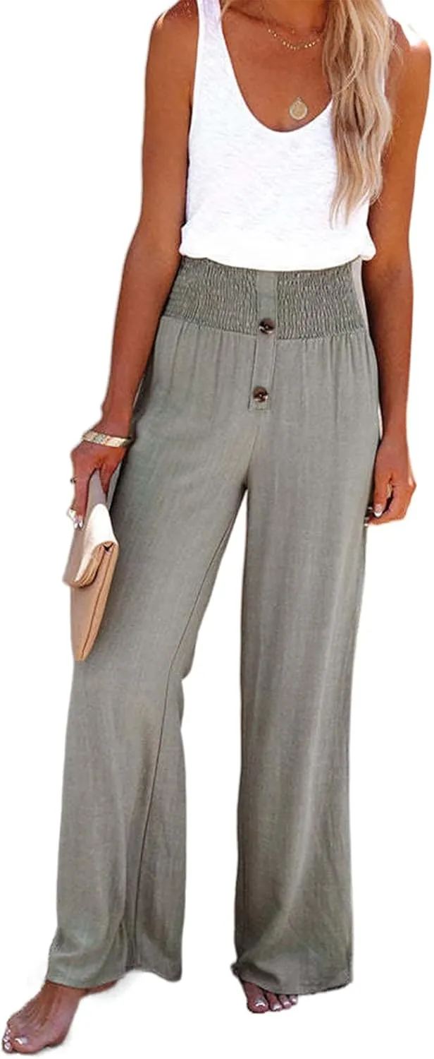 Linen Palazzo Pant for Women Casual Loose High Waist Wide Leg Lounge Pants Trousers with Pockets 2024 Summer