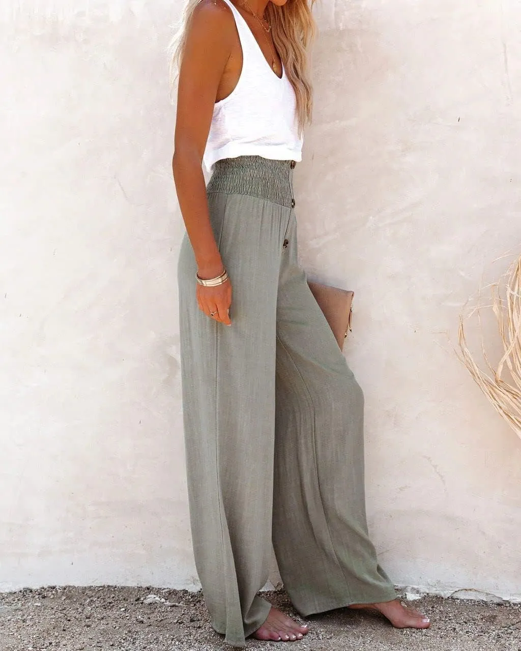 Linen Palazzo Pant for Women Casual Loose High Waist Wide Leg Lounge Pants Trousers with Pockets 2024 Summer