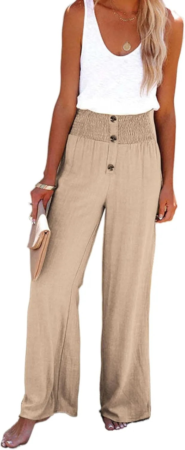 Linen Palazzo Pant for Women Casual Loose High Waist Wide Leg Lounge Pants Trousers with Pockets 2024 Summer
