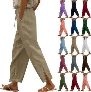 Linen Pants for Women 2025 Summer High Waist Elastic Straight Leg Lounge Pant Casual Loose Lightweight Beach Trousers