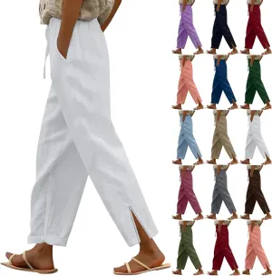 Linen Pants for Women 2025 Summer High Waist Elastic Straight Leg Lounge Pant Casual Loose Lightweight Beach Trousers