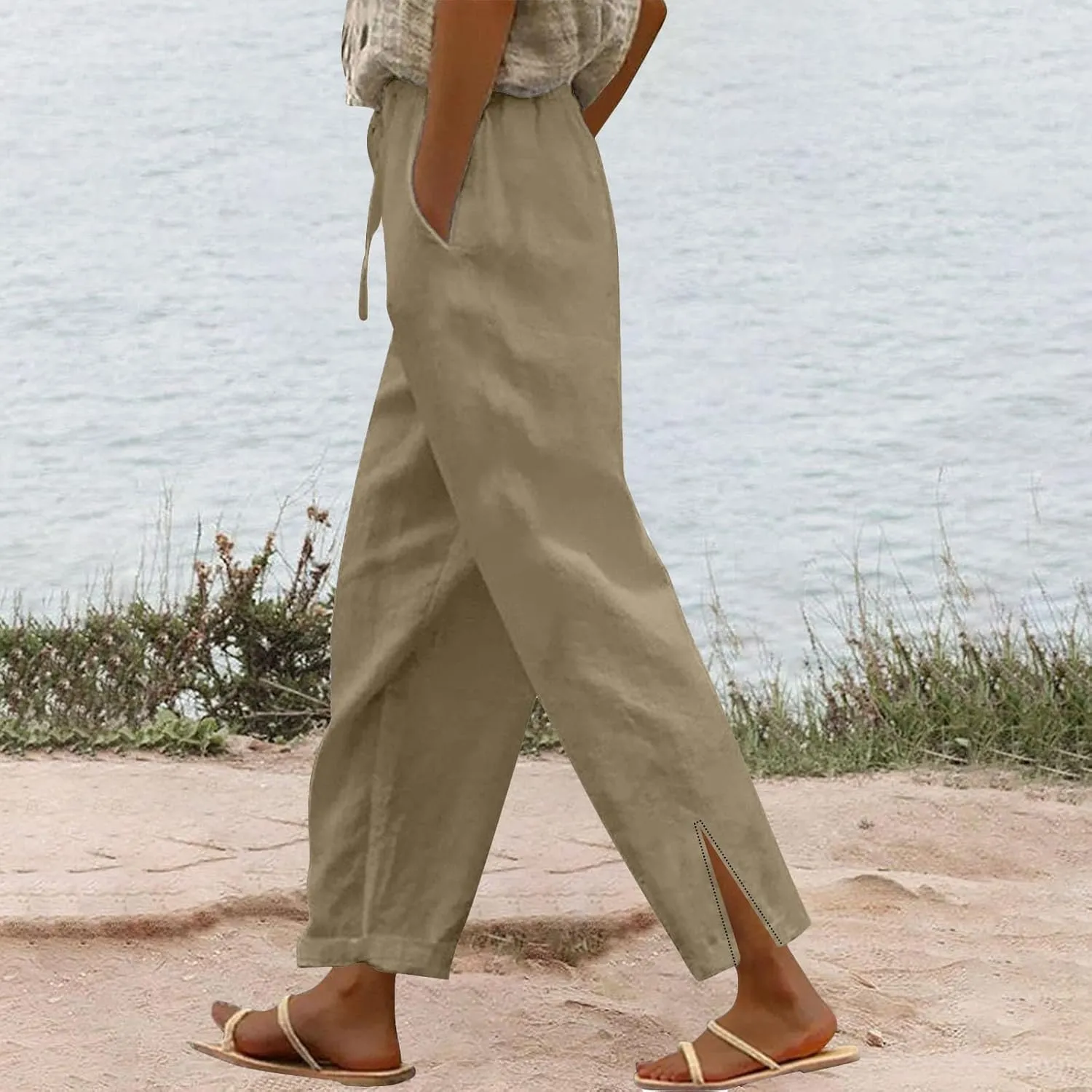 Linen Pants for Women 2025 Summer High Waist Elastic Straight Leg Lounge Pant Casual Loose Lightweight Beach Trousers