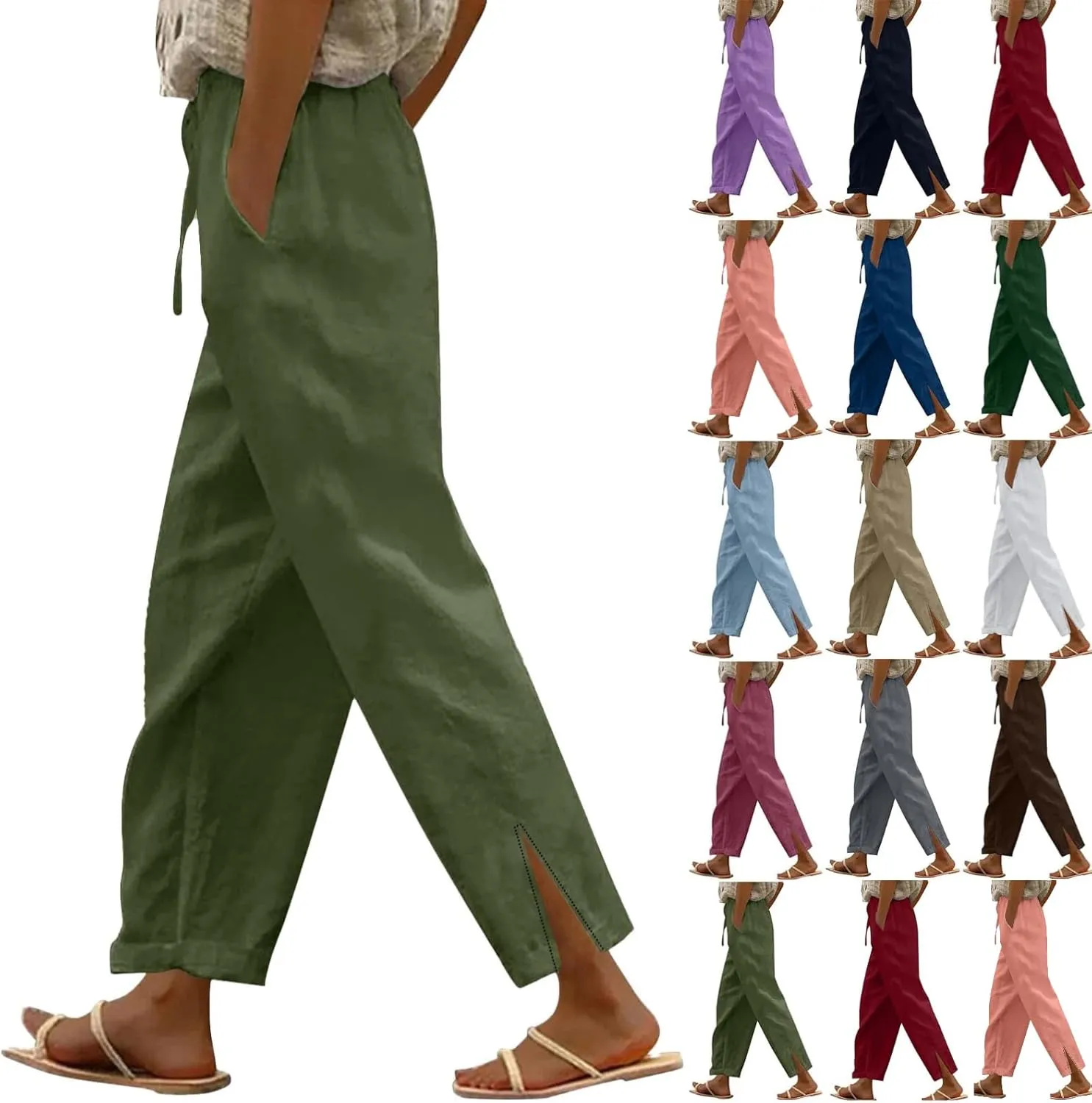 Linen Pants for Women 2025 Summer High Waist Elastic Straight Leg Lounge Pant Casual Loose Lightweight Beach Trousers