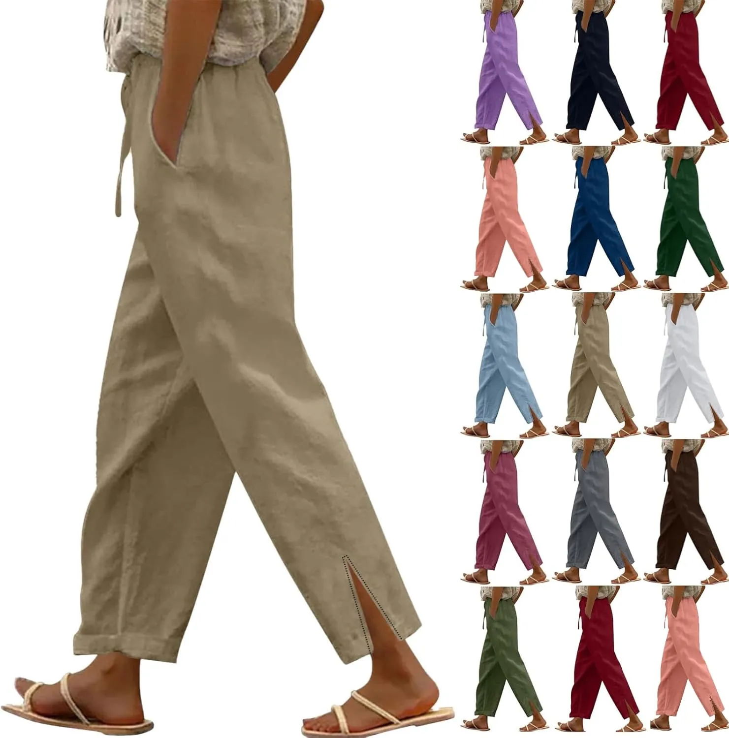Linen Pants for Women 2025 Summer High Waist Elastic Straight Leg Lounge Pant Casual Loose Lightweight Beach Trousers