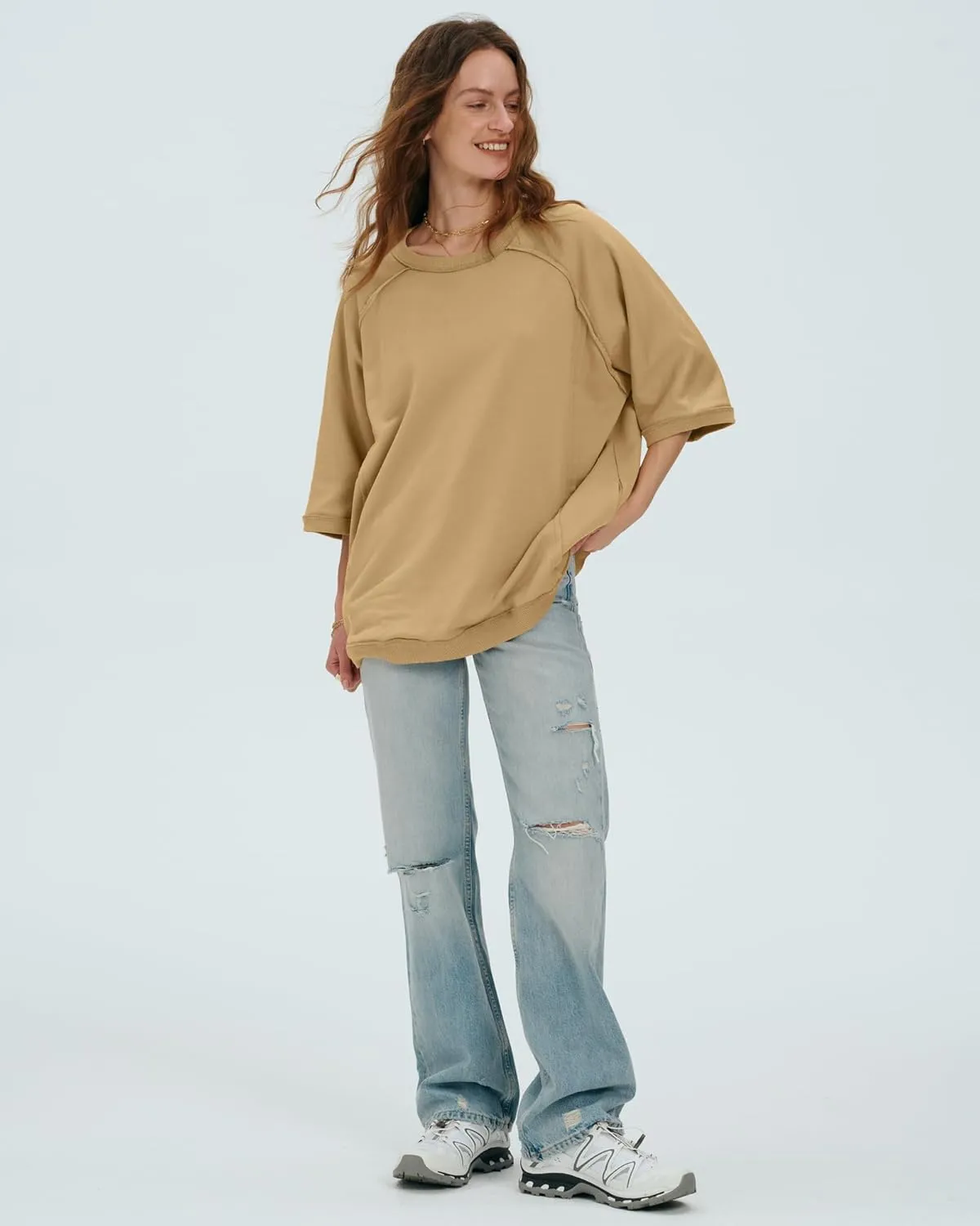 Locachy Women's Casual Crew Neck Sweatshirt Oversized 3/4 Sleeve Pullover Tops 2025 Fashion