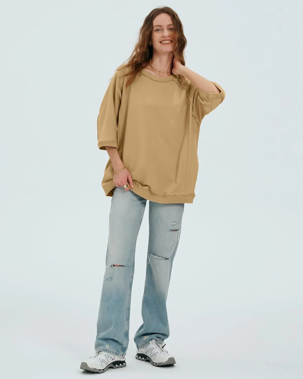 Locachy Women's Casual Crew Neck Sweatshirt Oversized 3/4 Sleeve Pullover Tops 2025 Fashion