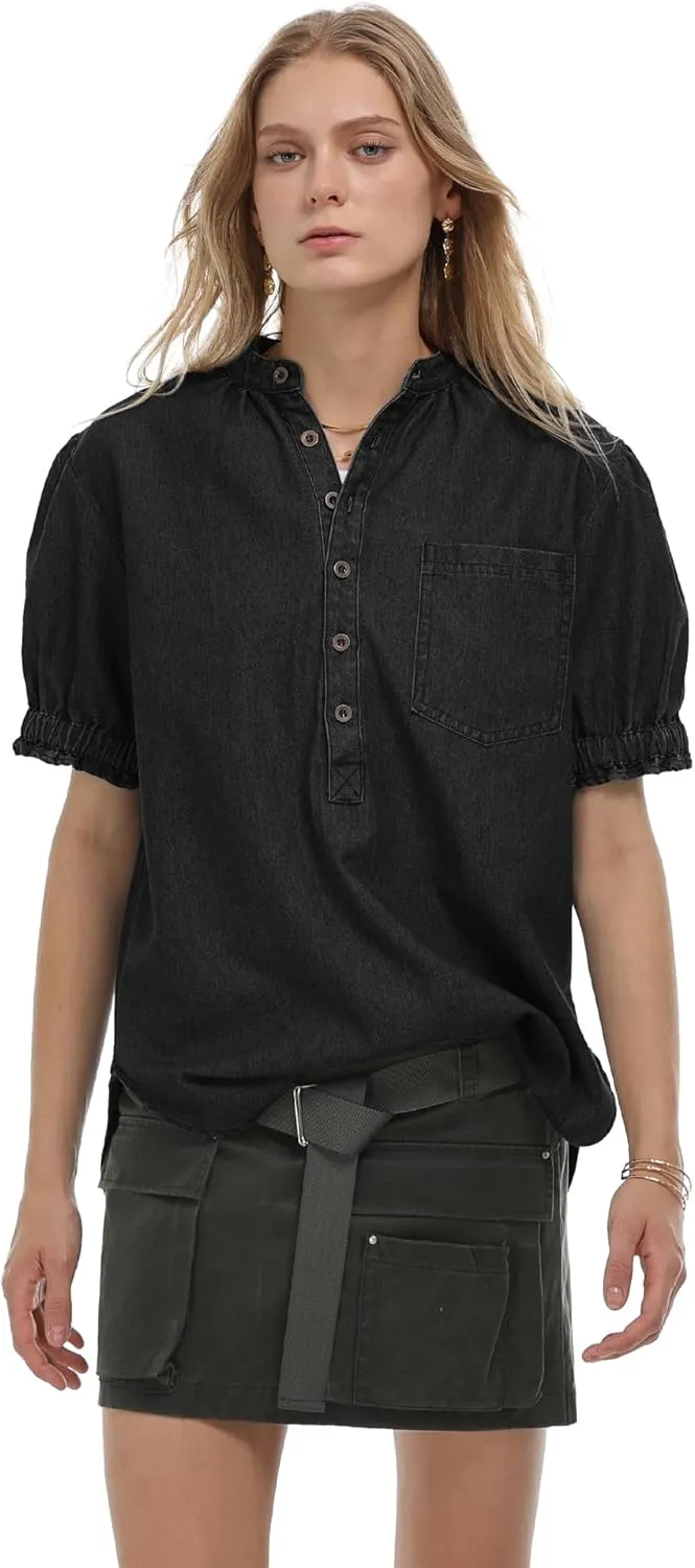 Locachy Women's Half Button Mock Neck Denim Shirt Casual Puff Short Sleeve Denim Blouse Top