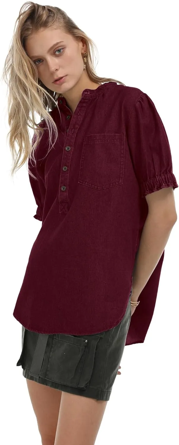 Locachy Women's Half Button Mock Neck Denim Shirt Casual Puff Short Sleeve Denim Blouse Top